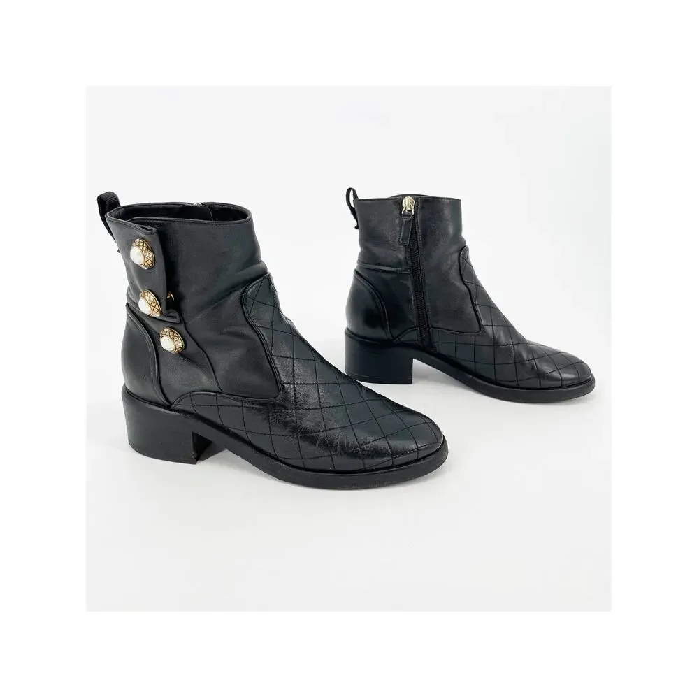 Chanel 2017 Karl Lagerfeld Quilted Black Leather Pearl Button Ankle Boots EU 37